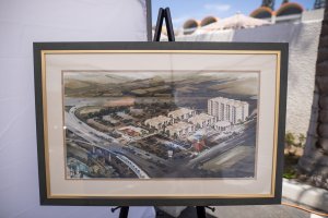 a framed photo of the original architectural rendering of the hotel