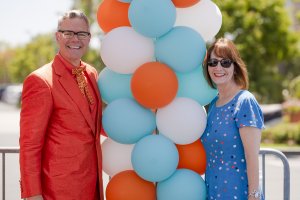 Charles Phoenix poses for a photo with the designer of Howard Johnson Anaheim's swanky new guest rooms