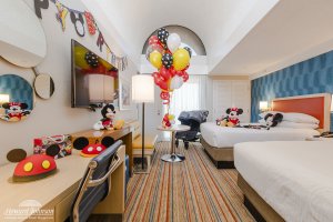 a hotel room is Minnie & Mickey Mouse themed for a guest's birthday