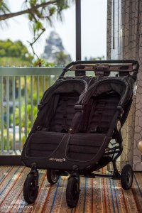 a double stroller inside a hotel room