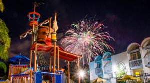 fireworks explode over the water park at Howard Johnson Anaheim