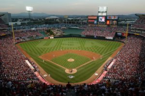 Overhead view of Angel Stadium with USA mowed onto the field lawn